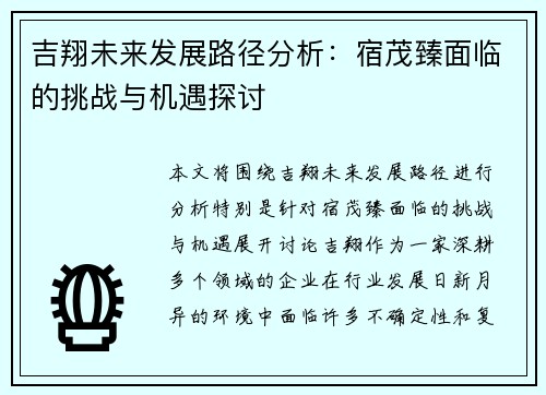 吉翔未来发展路径分析：宿茂臻面临的挑战与机遇探讨